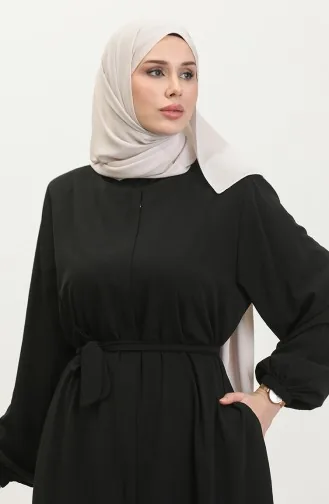 Women`s Large Size Hijab Abaya Zippered Side Tie Belted Abaya Dress Oversize 5084 Black 5084.siyah