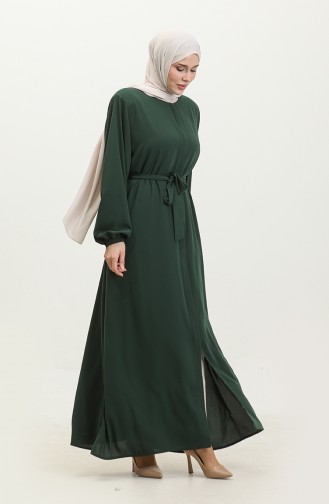 Kadin Buyuk Beden Tesettur Ferace Fermuarlı Yandan Baglamalı Kusaklı Ferace Elbise Oversize 5084 Zümrüt Yeşili
