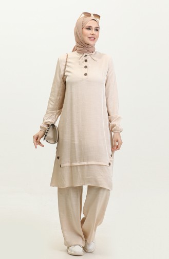 Button Detailed Two Piece Suit 11302-05 Cream 11302-05