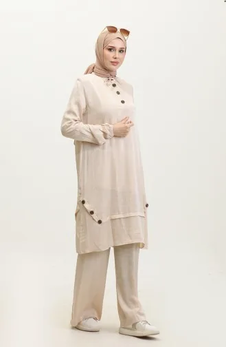 Düğme Detaylı Tunik Pantolon İkili Takım 11302-05 Krem