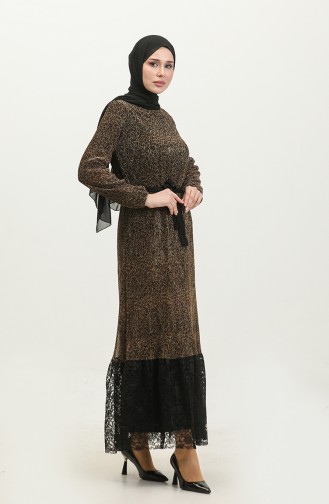 Leopar Desenli Kuşaklı Elbise 81837-01 Taba