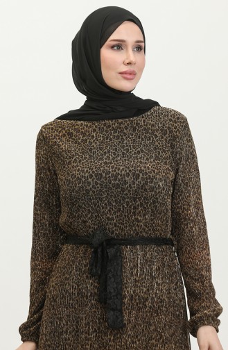 Leopar Desenli Kuşaklı Elbise 81837-01 Taba