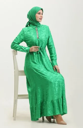 Gömlek Yaka Desenli Elbise 81854-02 Zümrüt Yeşili