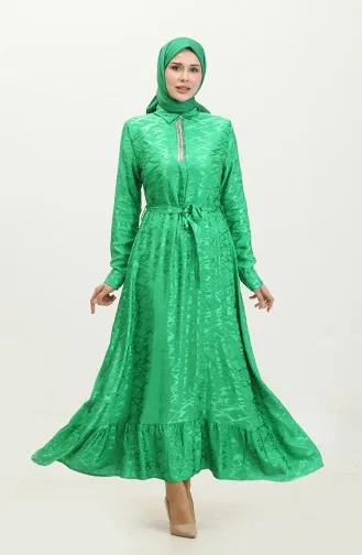 Gömlek Yaka Desenli Elbise 81854-02 Zümrüt Yeşili
