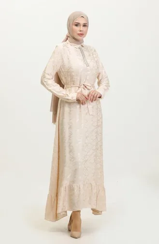 فستان منقوش للمحجبات 81854-04 كريمي 81854-04