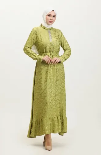 Gömlek Yaka Desenli Elbise 81854-05 Fıstık Yeşili