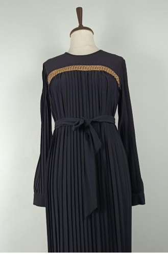 Straw Detailed Pleated Dress Black 7722 1173