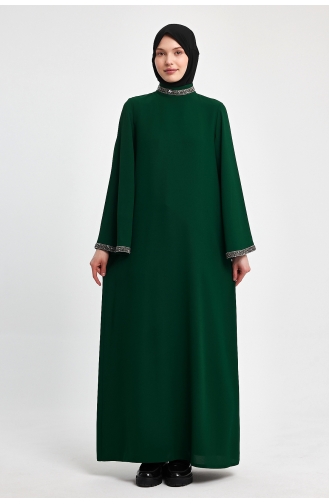 Ihya Tekstil فستان أنيق بتفاصيل أحجار وأكمام إسبانية İKTDE01-01 لون أخضر زمردي 01-01