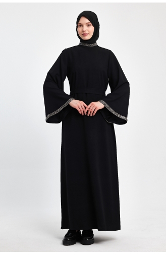 İhya Tekstil Stilvolles Kleid Mit Spanischen Ärmeln Und Steindetail İKTDE01-02 Schwarz 01-02