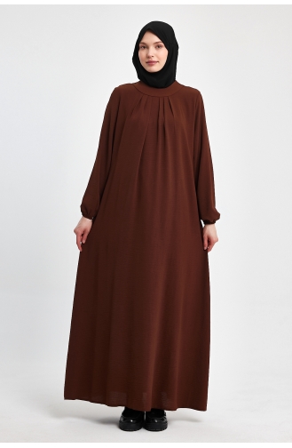 İhya Textile Large Size Pleated Comfortable Model Plain Dress PRMD01-02 Brown 01-02