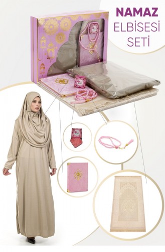 طقم فستان صلاة عملي قطعة واحدة مع حجاب وسجادة صلاة وردي 05 15 4806 05.15.4806