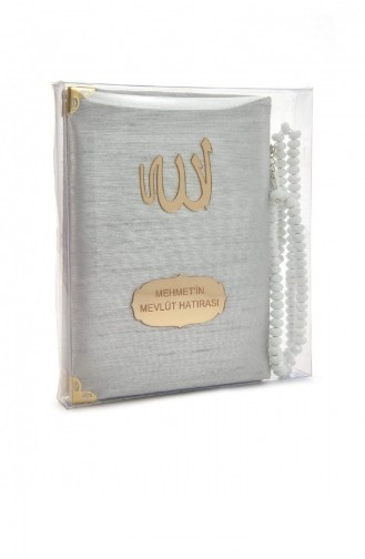 Şantuk Kumaş Kaplı Yasin Kitabı Çanta Boy İsme Özel Plakalı Tesbihli Kutulu Gri Renk İslami Hediyeler 4545934545938