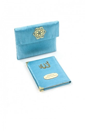 Şantuk Kumaş Kaplı Yasin Kitabı Çanta Boy İsme Özel Plakalı Keseli Mavi Renk Mevlid Hediyeliği 4545984545988