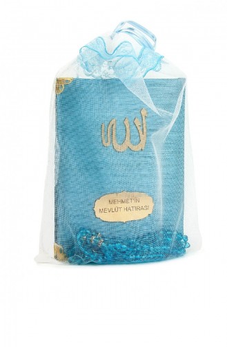 Şantuk Kumaş Kaplı Yasin Kitabı Çanta Boy İsme Özel Plakalı Tesbihli Keseli Mavi Renk İslami Hediyeler 4547284547280