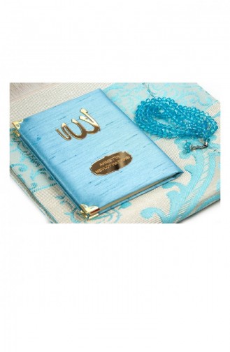 Şantuk Kumaş Kaplı Yasin Kitabı Çanta Boy İsme Özel Plakalı Seccadeli Tesbihli Kutulu Mavi Renk Mevlid Hediyeliği 4549514549514