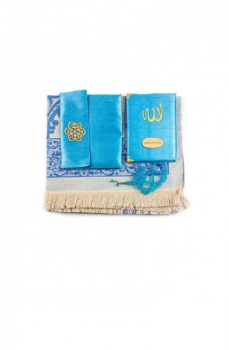 Şantuk Kumaş Kaplı Yasin Kitabı Çanta Boy İsme Özel Plakalı Seccadeli Tesbihli Keseli Mavi Renk Mevlid Hediyeliği 4549834549836