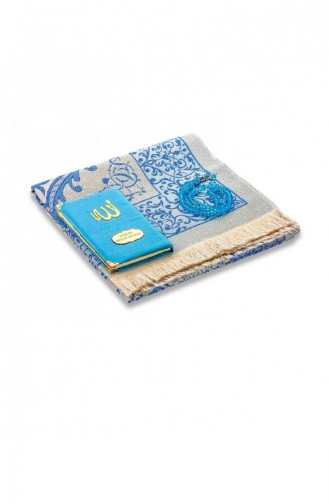 Şantuk Kumaş Kaplı Yasin Kitabı Çanta Boy İsme Özel Plakalı Seccadeli Tesbihli Keseli Mavi Renk Mevlid Hediyeliği 4549834549836