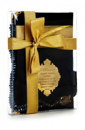 Mit Samt überzogenes Yasin-Buch Mittelgroßer Personalisierter Teller Mit Kaaba-Muster Und Gebetsperlen Verpackt In Schwarzer Farbe Religiöses Geschenk 4568974568972 4568974568972