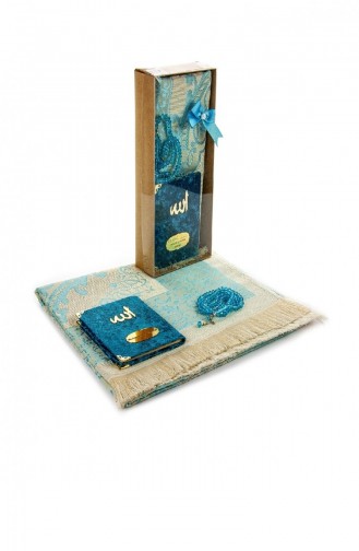Velvet Covered Yasin Book Pocket Size Personalized Plate Prayer Mat Prayer Beads Boxed Petrol Color Mevlid Gift Set 4570894570898 4570894570898
