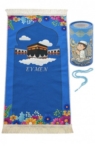 Cylinder Boxed Children`s Prayer Rug Set With Prayer Beads And Name Custom Embroidery Blue 4897654206853 4897654206853