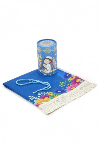 Cylinder Boxed Children`s Prayer Rug Set With Prayer Beads And Name Custom Embroidery Blue 4897654206853 4897654206853