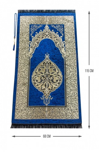 Tapis De Prière Ottoman De Luxe En Chenille Avec Chapelet Cadeau Bleu Marine 4897654300312 4897654300312