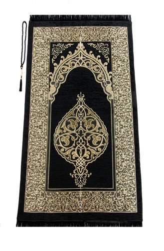 Luxury Ottoman Chenille Prayer Rug With Rosary Gift Black 4897654300313 4897654300313