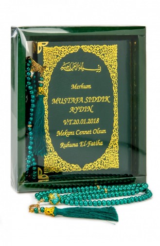 50 Pieces Name Printed Hardcover Yasin Book Bag Size 128 Pages Boxed Vavli Pearl Prayer Beads Green Color Gift Set 4897654300547 4897654300547