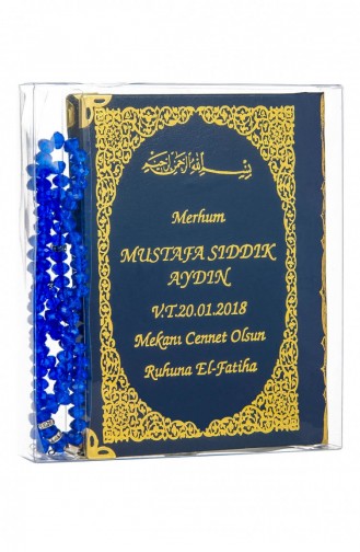 50 Pieces Name Printed Hardcover Yasin Book Bag Size 128 Pages Transparent Box With Prayer Beads Dark Blue Color Religious Gift Set 4897654300551 4897654300551