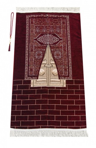 Kaaba Door Model Patterned Chenille Prayer Rug Claret Red 4897654300967 4897654300967