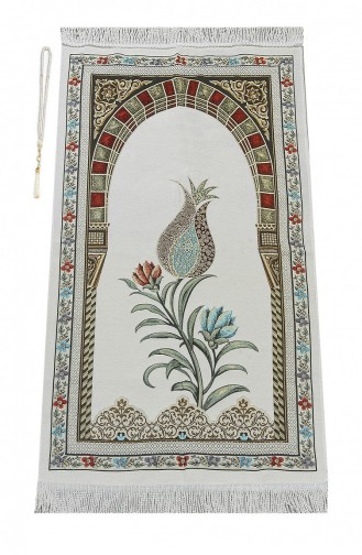 Ottoman Arch Mihrab Tulpmotief Chenille Gebedskleed Wit 4897654300968 4897654300968