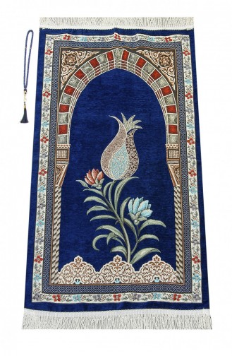 Tapis De Prière En Chenille à Motif Tulipe Mihrap Ceinture Ottomane Bleu Marine 4897654300969 4897654300969