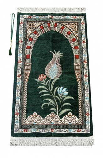 Ottoman Belt Mihrab Tulip Motif Chenille Prayer Rug Green 4897654300970 4897654300970