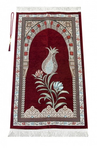 Ottoman Arch Mihrap Tulip Motif Chenille Tapis De Prière Rouge Claret 4897654300971 4897654300971