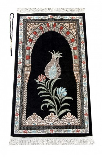 Tapis De Prière En Chenille à Motif Tulipe Mihrap Ceinture Ottomane Noir 4897654300972 4897654300972