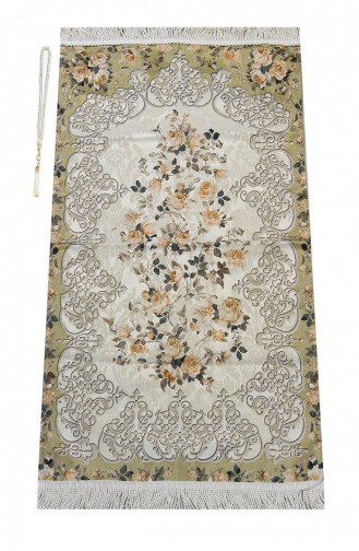 Floral Patterned Ottoman Motif Lined Chenille Prayer Rug Khaki 4897654300983 4897654300983