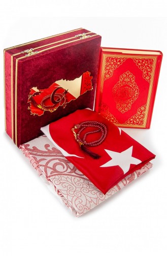 طقم مصحف وسجادة صلاة مخملي بعلبة علم خريطة تركيا باللون الأحمر 4897654301008 4897654301008