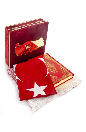 Türkiye Haritalı Bayraklı Kadife Kutulu Kuran Ve Seccade Seti Kırmızı 4897654301008