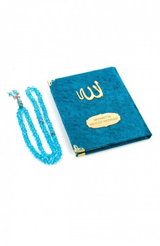 10 Pieces Velvet Covered Yasin Book Bag Size Personalized Plate With Rosary Pouch Petrol Color Mevlüt Gift 4897654301047 4897654301047