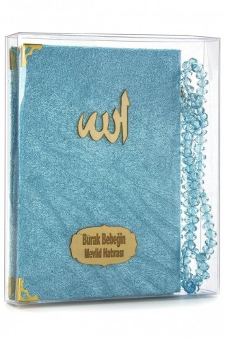 20 Pieces Velvet Covered Yasin Book Bag Size Name Printed Plate With Prayer Beads Transparent Box Blue Gift Yasin Set 4897654301087 4897654301087
