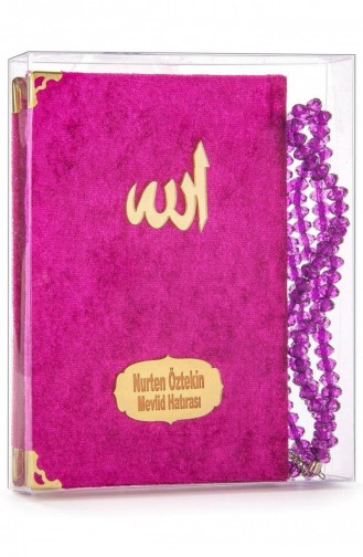 20 Pieces Velvet Covered Yasin Book Bag Size Name Printed Plate With Prayer Beads Transparent Box Fuchsia Gift Yasin Set 4897654301091 4897654301091
