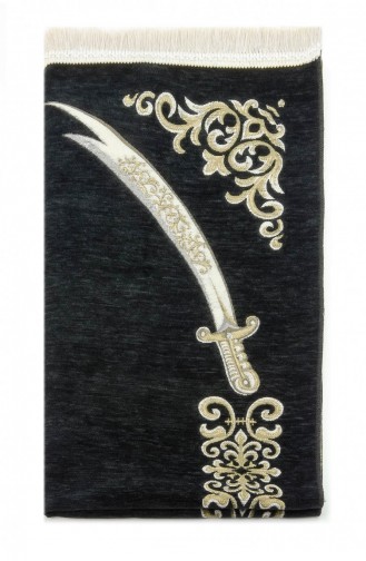 Kişiye Özel İsim İşlemeli Zülfikar Desenli Ultra Plus Şönil Seccade Siyah Renk 4897654302084