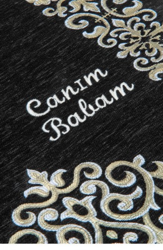 Kişiye Özel İsim İşlemeli Zülfikar Desenli Ultra Plus Şönil Seccade Siyah Renk 4897654302084