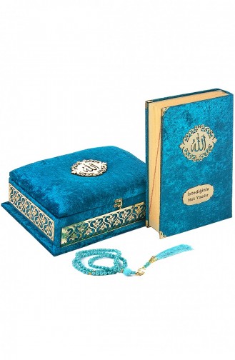 Velvet Covered Plexi Embroidered Chest Special Gift Quran Petrol 4897654302195 4897654302195