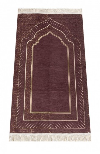 Tapis De Prière En Chenille Doublé à Motifs Mihrab Marron Foncé 4897654302399 4897654302399