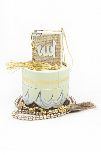 Zylinder-Kaaba-Mini-Gebetsperlen-Set Aus Cremefarbenen Perlen Mit Samtbezug Und Koran 4897654302857 4897654302857