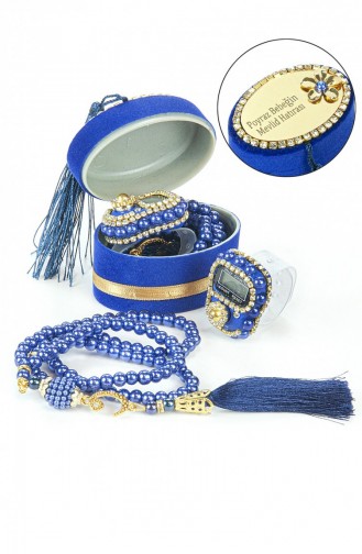 Mevlüt Gift Set With Chanting Machine And Pearl Prayer Beads In A Personalized Velvet Box Navy Blue 4897654302913 4897654302913