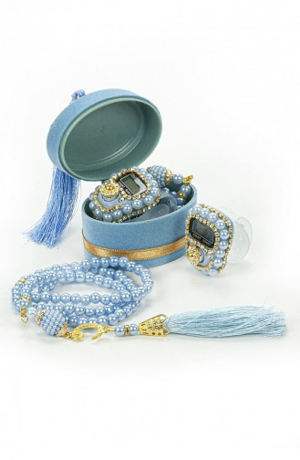 Coffret Cadeau Mevlüt En Velours Avec Machine à Chanter Et Chapelet De Perles Bleu 4897654302921 4897654302921