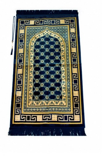 Luxury Velvet Şinginger Prayer Rug With Rosary Gift Dark Navy Blue 4897654305316 4897654305316