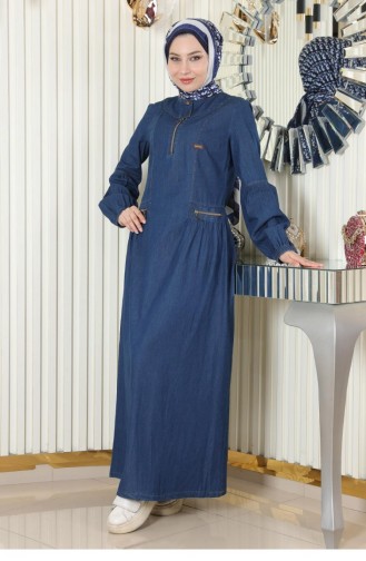 Zipper Detailed Denim Dress Dark Blue 19138 15159